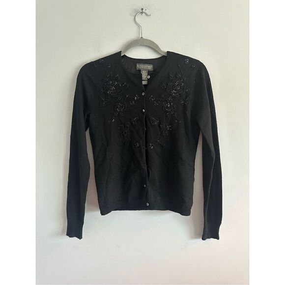 Banana Republic Black Merino Wool Silk Lined Beaded Embroidered Cardigan XS - Picture 1 of 8